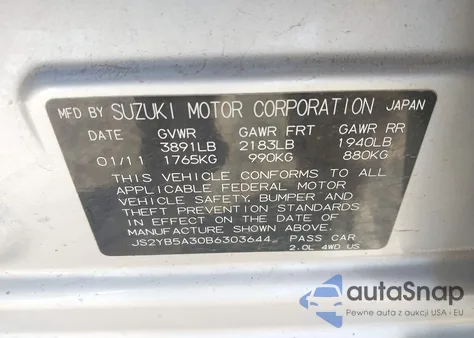 2011 Suzuki Sx4 Premium/Tech Valu Pkg (Nav) из США, поврежденный, VIN JS2YB5A30B6303644